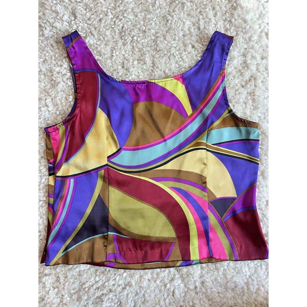 Vtg Womens Satin Psychedelic Colorful Bold Swirl Cropped Tank 12 Retro Geometric - Picture 3 of 7